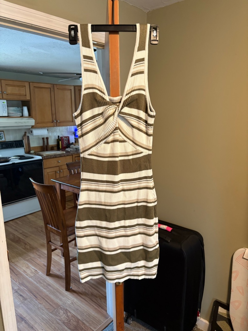 Abercrombie & Fitch Olive and Cream Striped Twist-Front Midi Dress